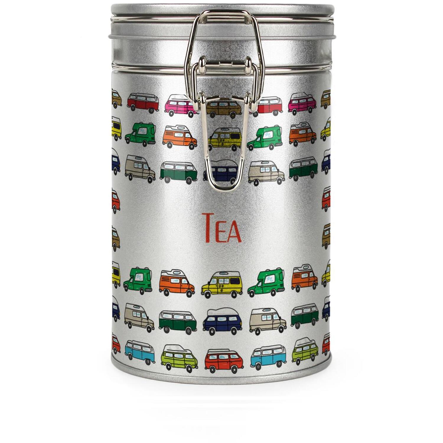 Purely Home Campervans Tea Canister - Silver Metal Kitchen Storage Container - Multicoloured