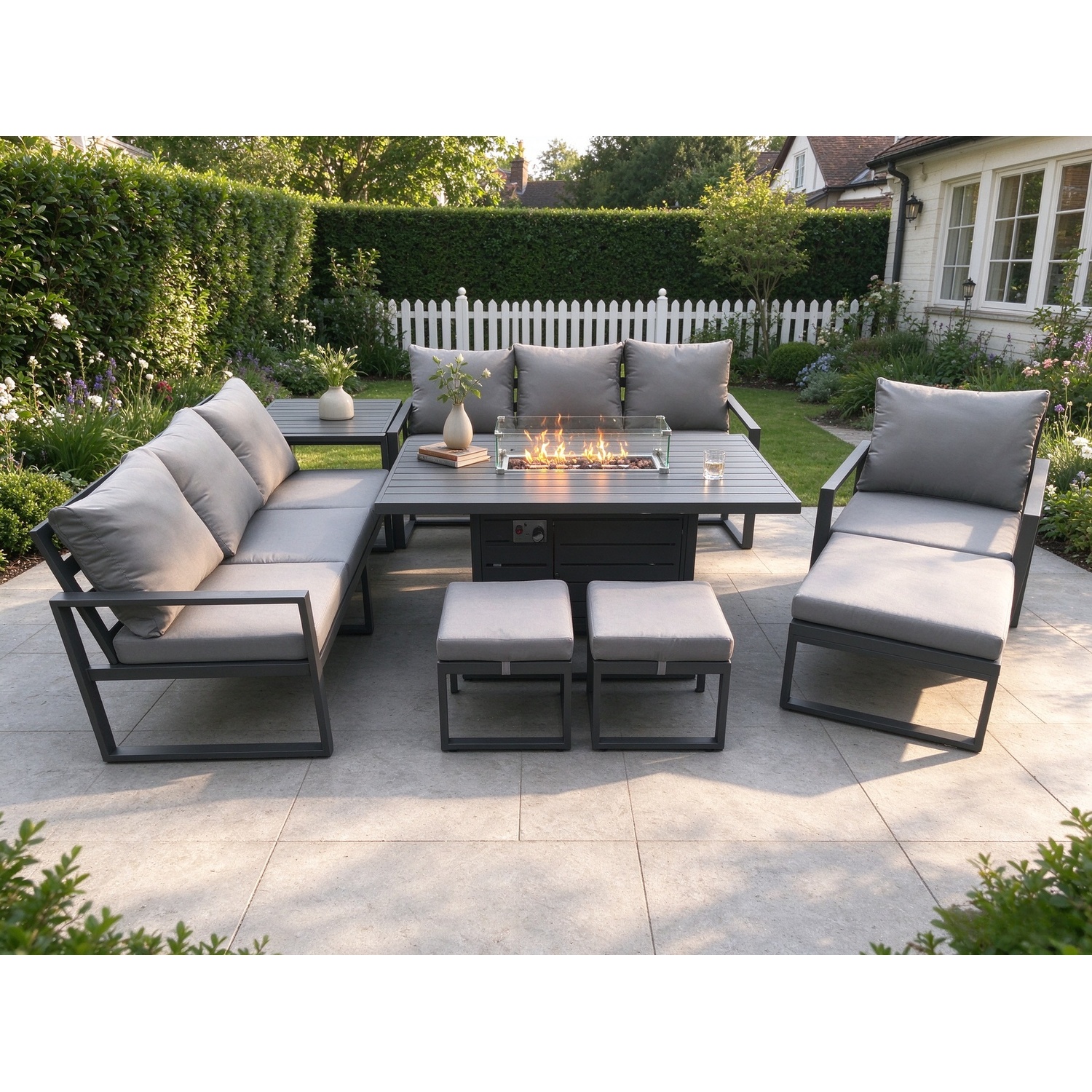 Rackhams Dark/Grey Aluminium 8 Pieces Garden Furniture Sofa Set With Cushions 10 Seater Gas Fire Pit Dining Table Set With Side Table 3 Footstools - Image 2