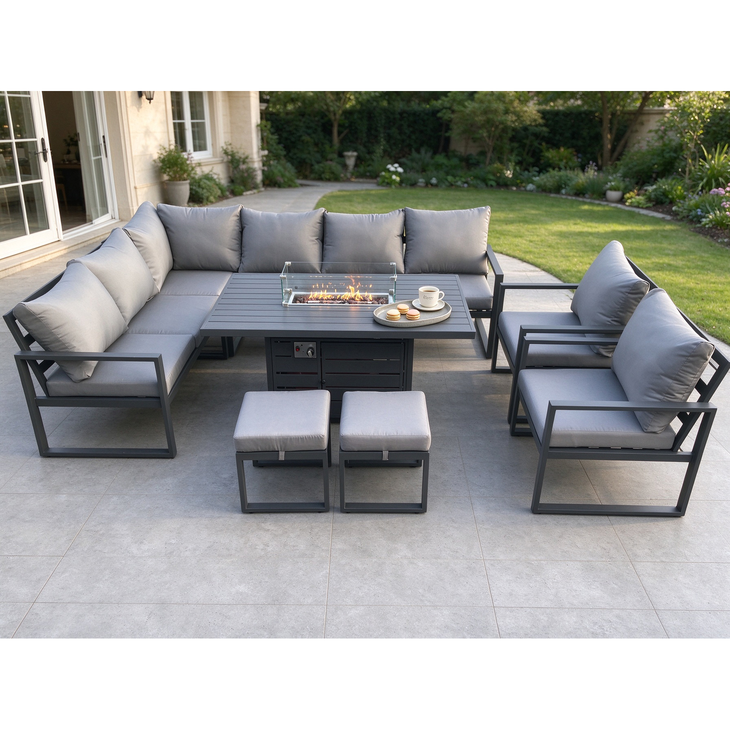 Fimous Unisex Dark Grey Aluminium Patio Outdoor Garden Furniture Corner Sofa Set Gas Fire Pit Dining Table With Chairs Footstools Size 2 - Image 2