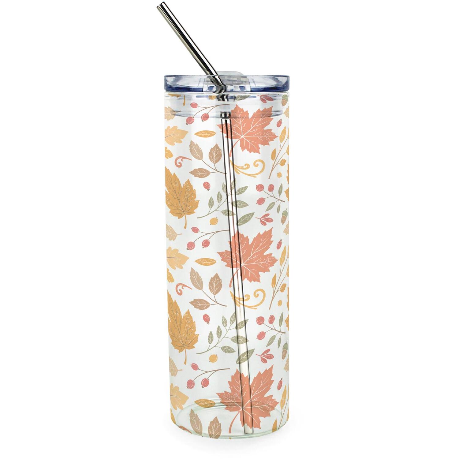 B&Q -  Falling Autumn Leaves Clear Glass Travel Flask With Straw - Image 3