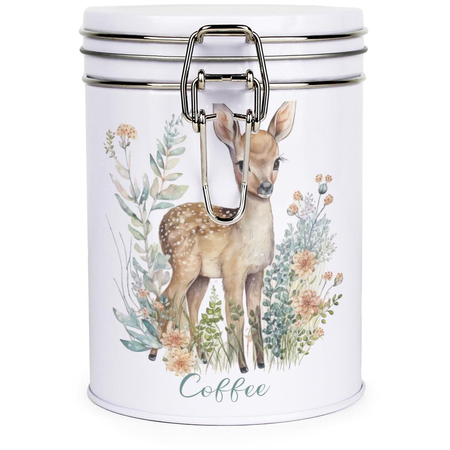 Floral Baby Deer Coffee Canister - White Metal Clip-Lid Storage Container Gift - Image 2