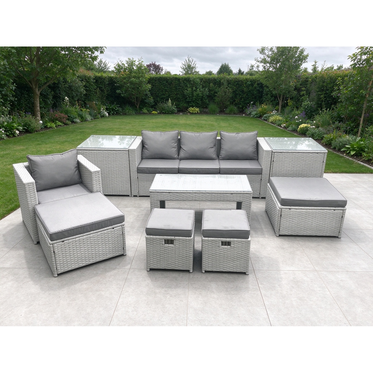 Fimous Unisex Light Grey Rattan Garden Furniture Set Outdoor Lounger Sofa With Coffee Table Footstools 2 Side Tables Mixed Size 4 - Image 2