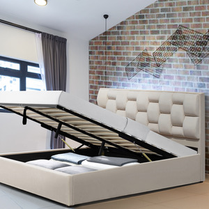 Plush Velvet Weaved Headboard Storage Ottoman Bedframe In Cream