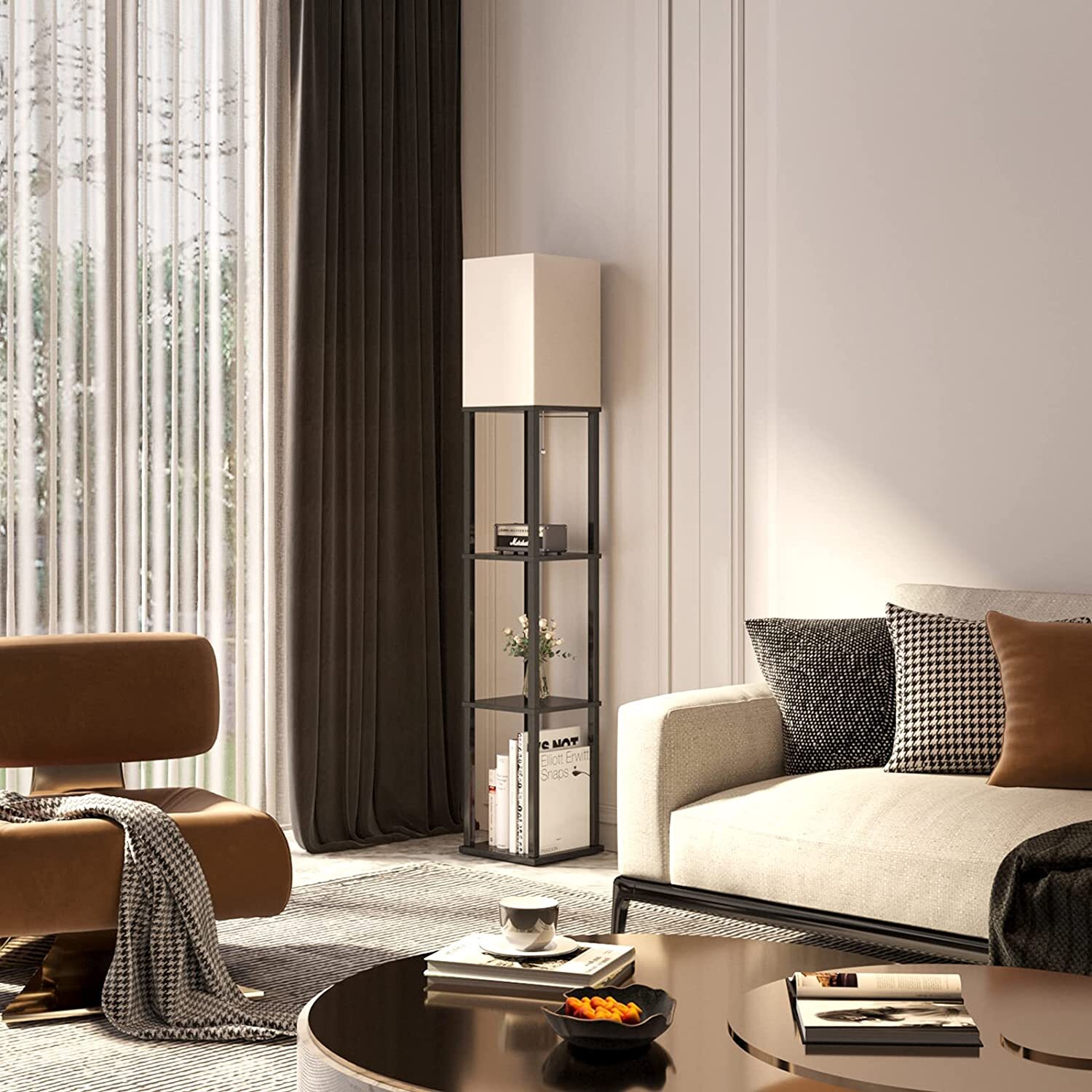 Livingandhome - 3 Tier Storage Shelf Wood Modern Floor Lamp - Black / Linen Wood thumbnail