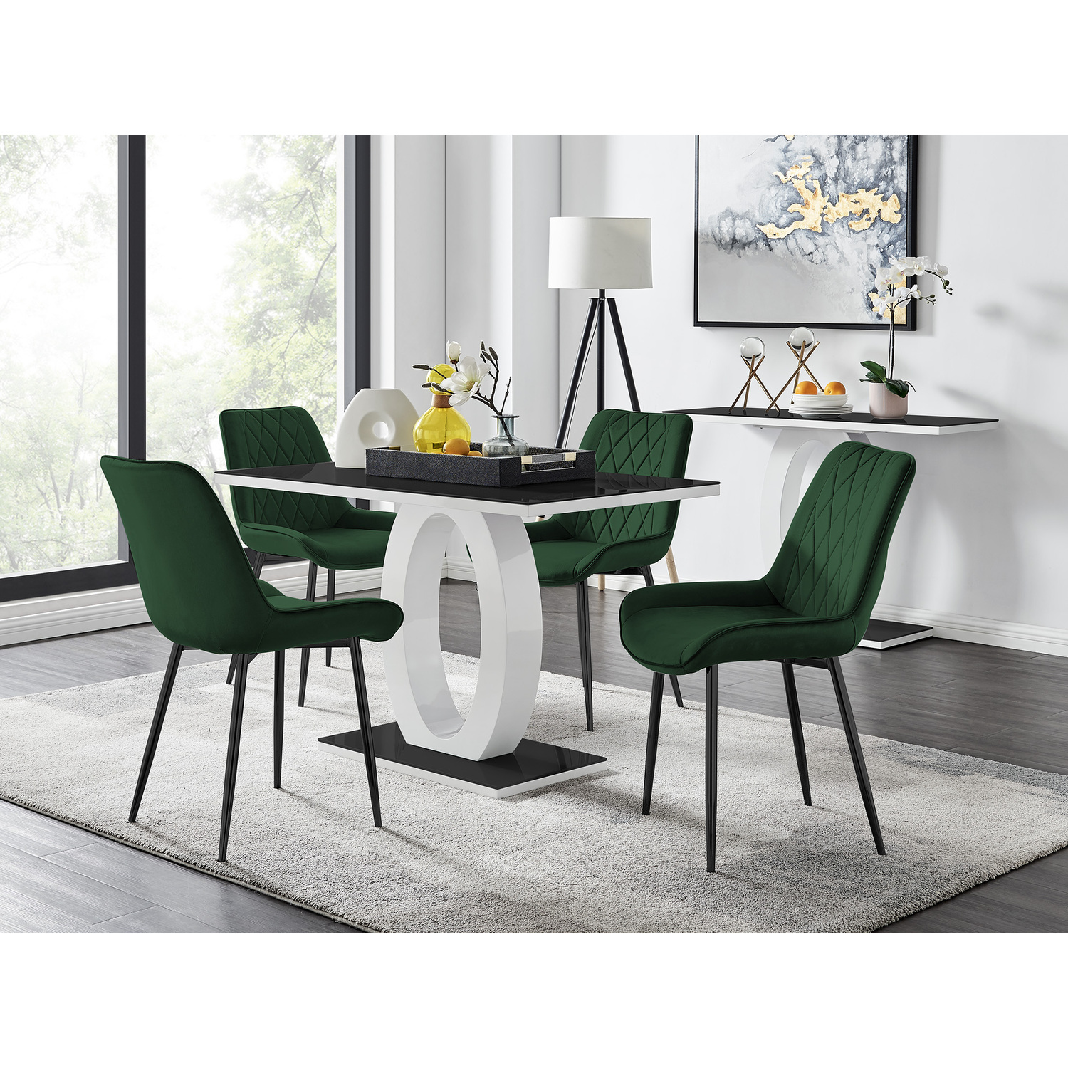 FurnitureboxUK - Giovani Black Dining Table With Four Pesaro Black Leg Chairs - Green thumbnail