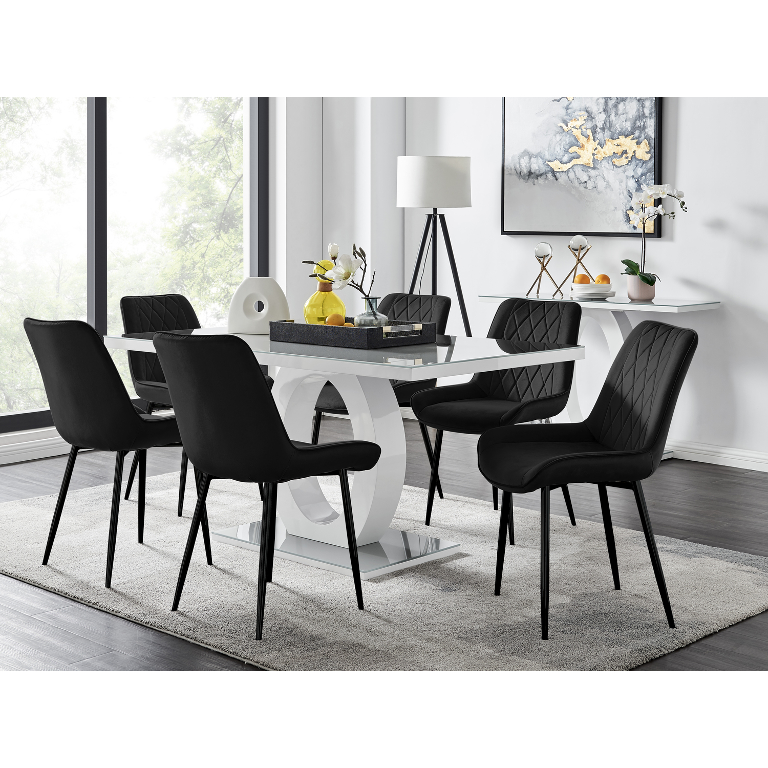 Giovani Grey Dining Table with Six Pesaro Black Leg Chairs - Black thumbnail