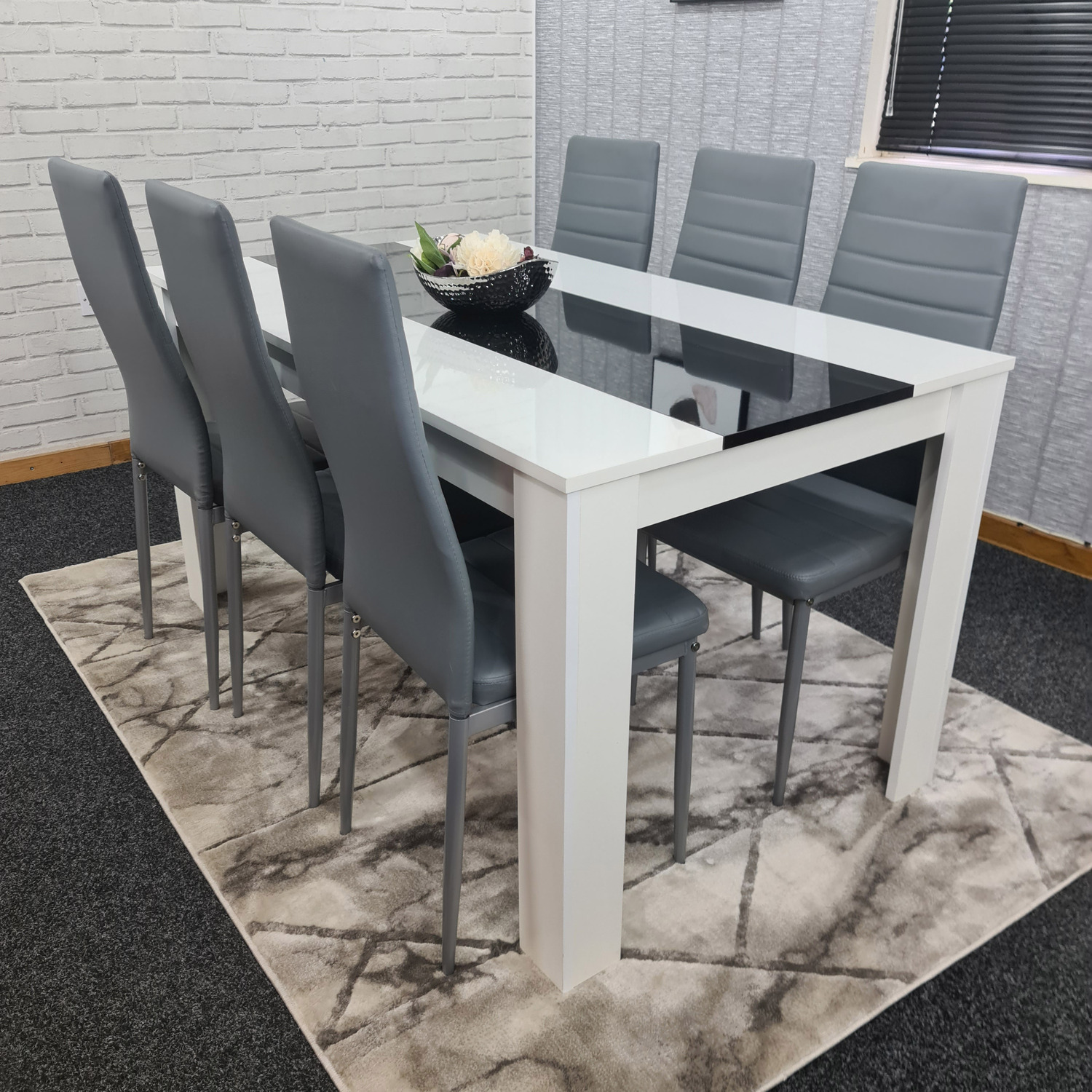Kosy Koala Modern White And Black Wood Dining Table With 6 Grey Faux Leather Metal Chairs - Grey
