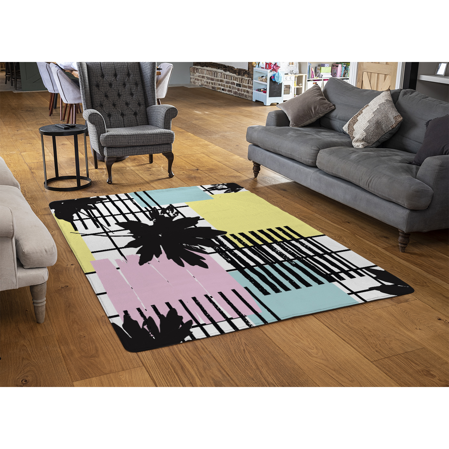 Geometric Shape  Leaf Print Rug - Yellow / 150cm thumbnail