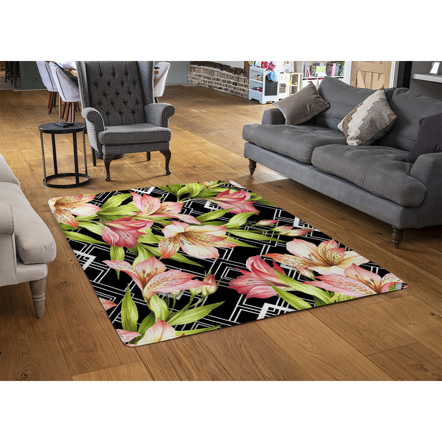 Bright Plants On Geometric Rug - Green / 150cm thumbnail