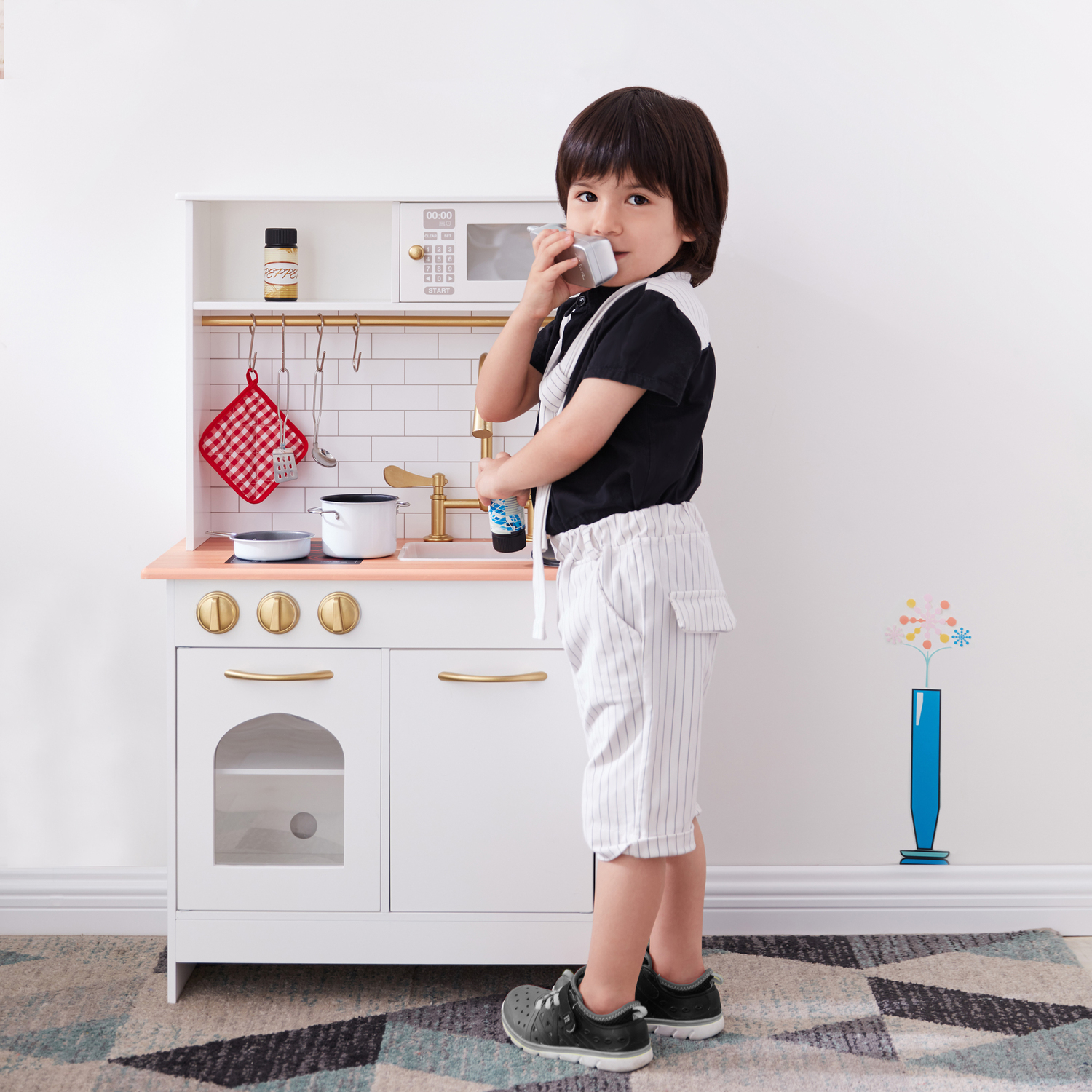Kids Compact Wooden Play Kitchen - White