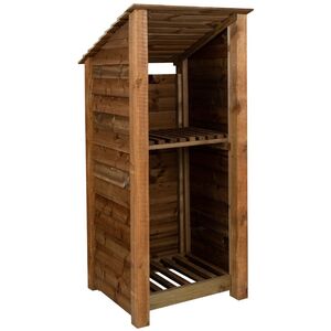 Single Bay Wooden Log Store With Reverse Roof And Kindling Shelf