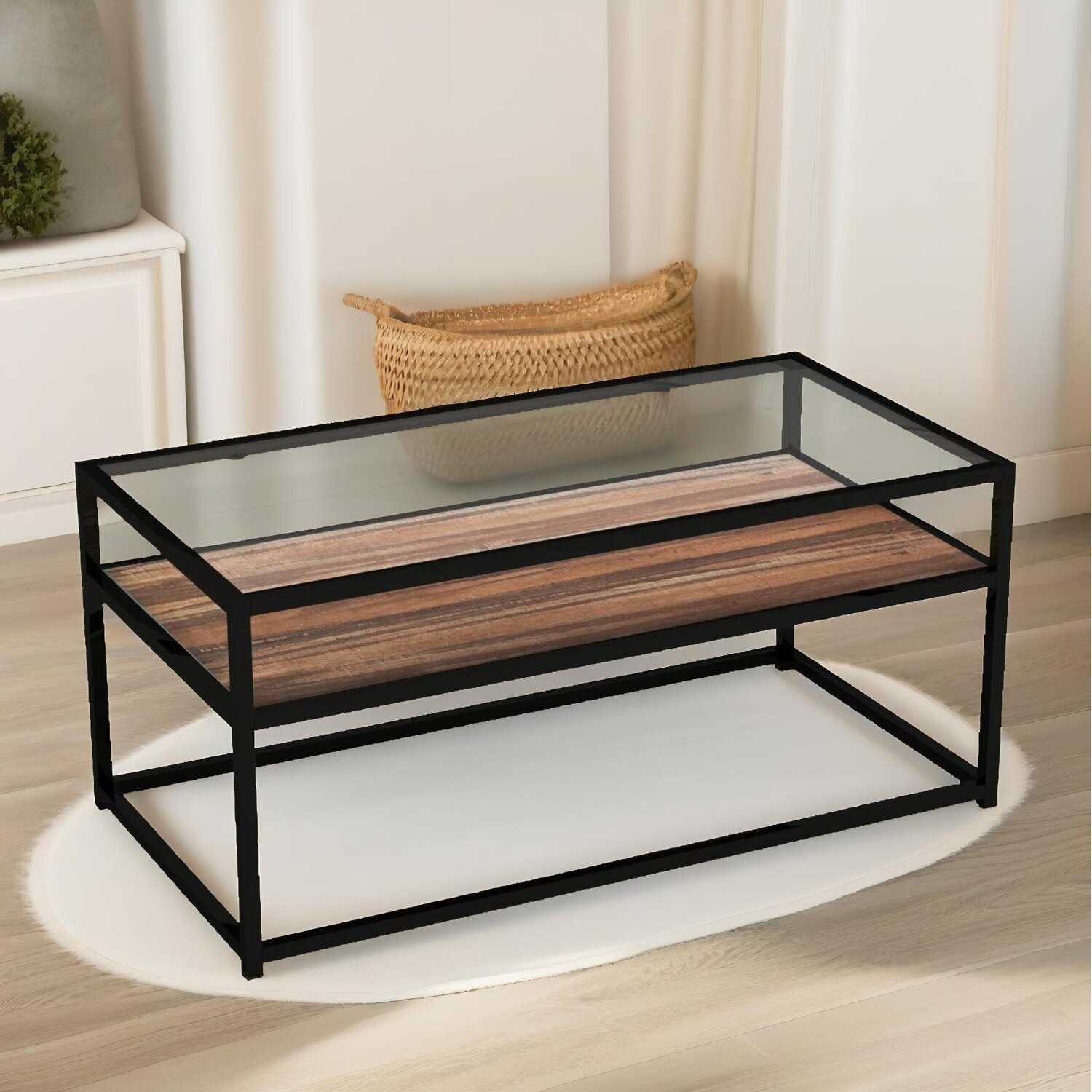 Glass Top Coffee Table With Steel Frame - Dark Walnut Dark Walnut
