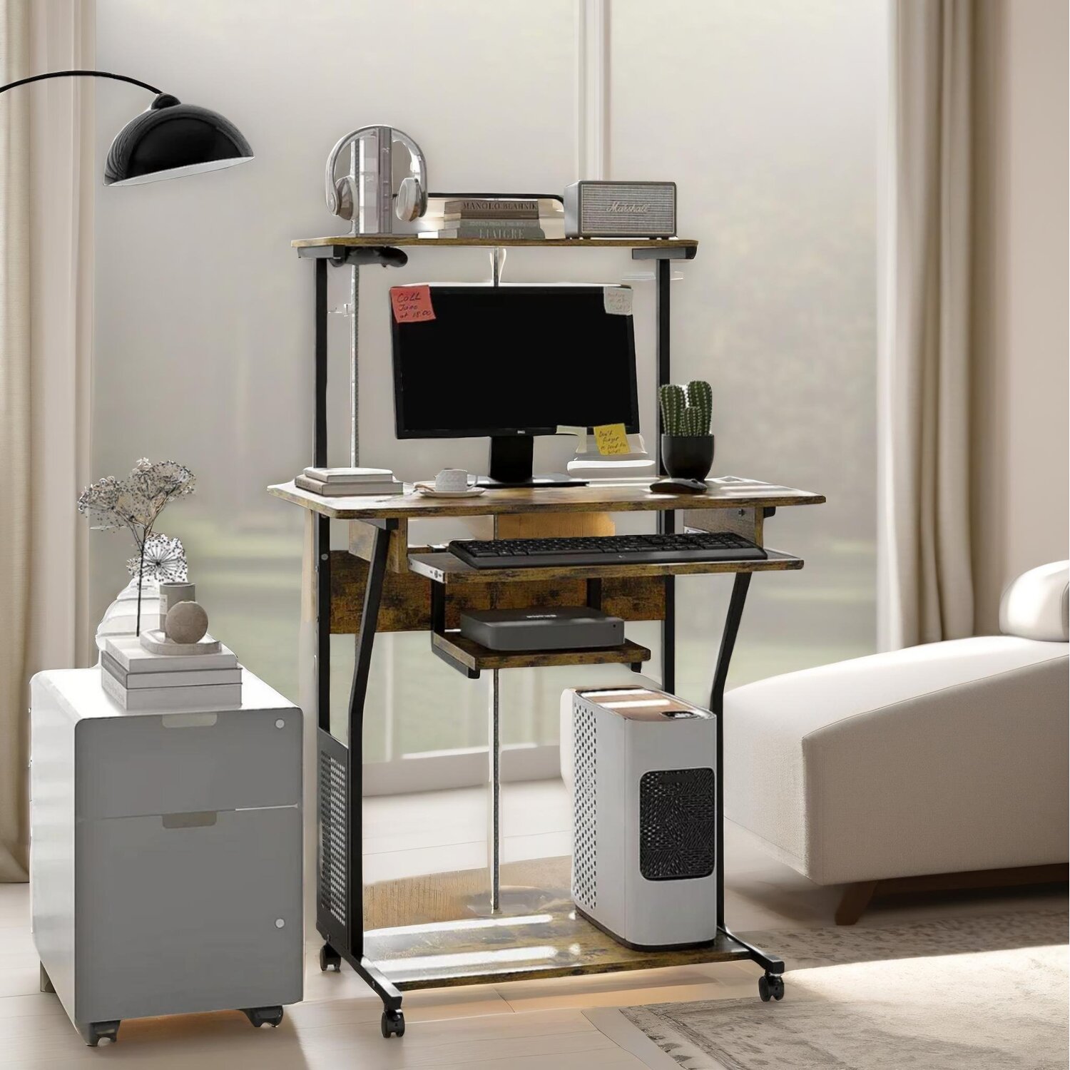 Industrial Rolling Computer Desk With Keyboard Tray And Shelves - Brown