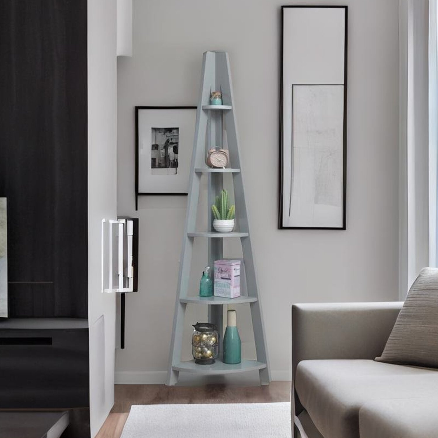 5-tier Ladder Bookcase Wooden Shelving Unit - Grey