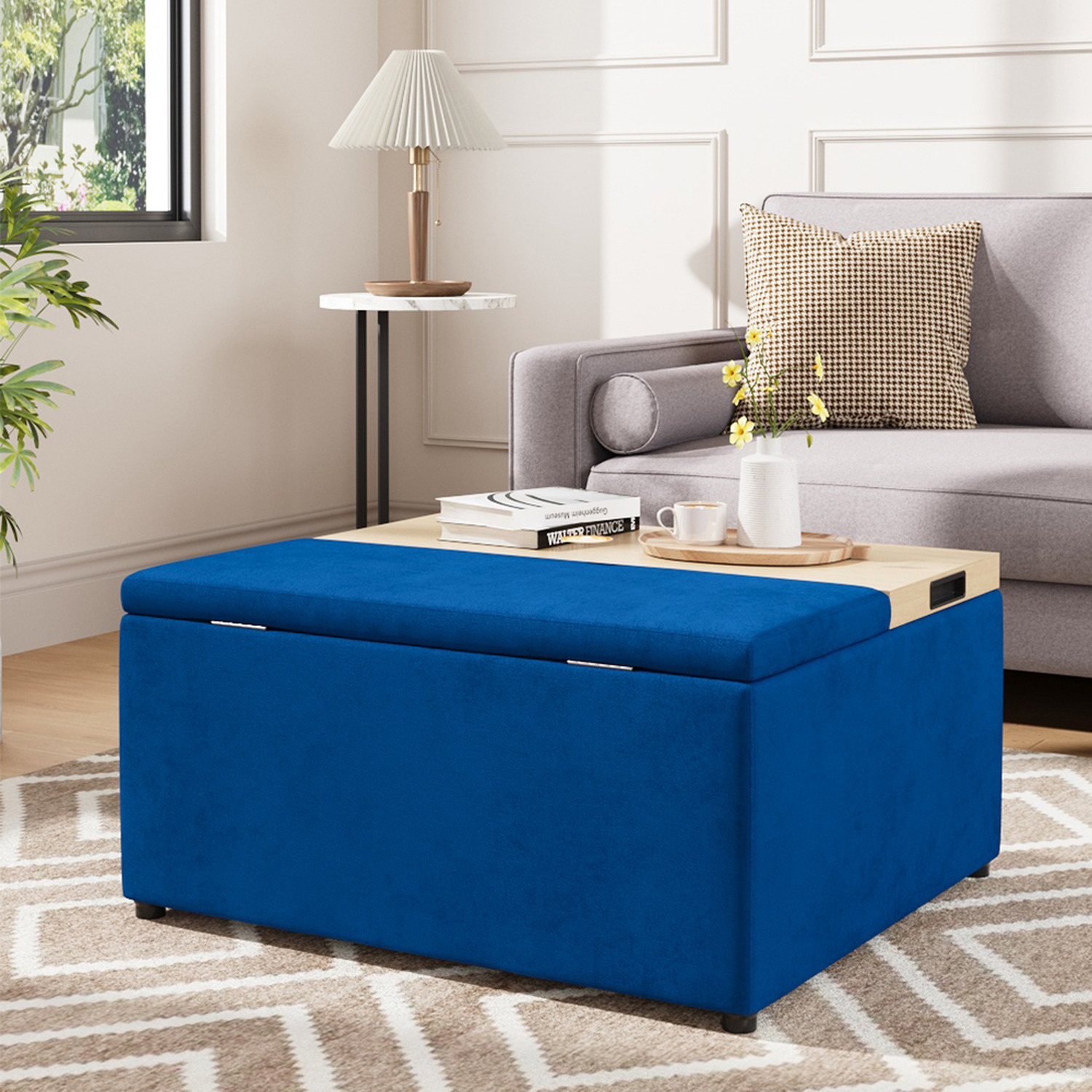 Large Velvet Upholstered Storage Ottoman Footstool - Blue