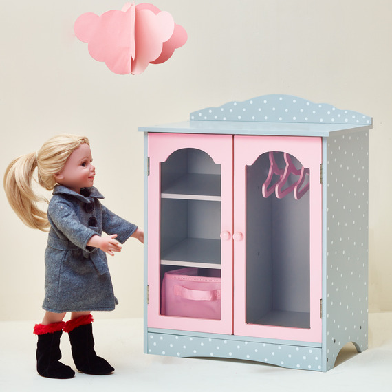 Kids Polka Dot Princess Doll Wooden Wardrobe for 18