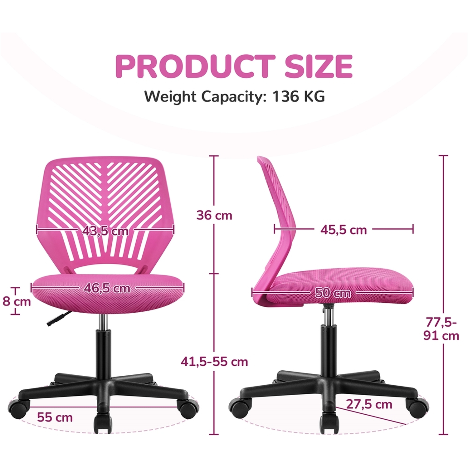 Armless Adjustable Office Chair - Rose Red