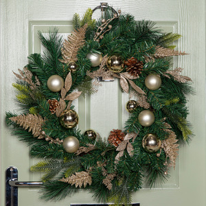 Christmas Wreath with Gold Baubles, Pinecones and Glitter Berries