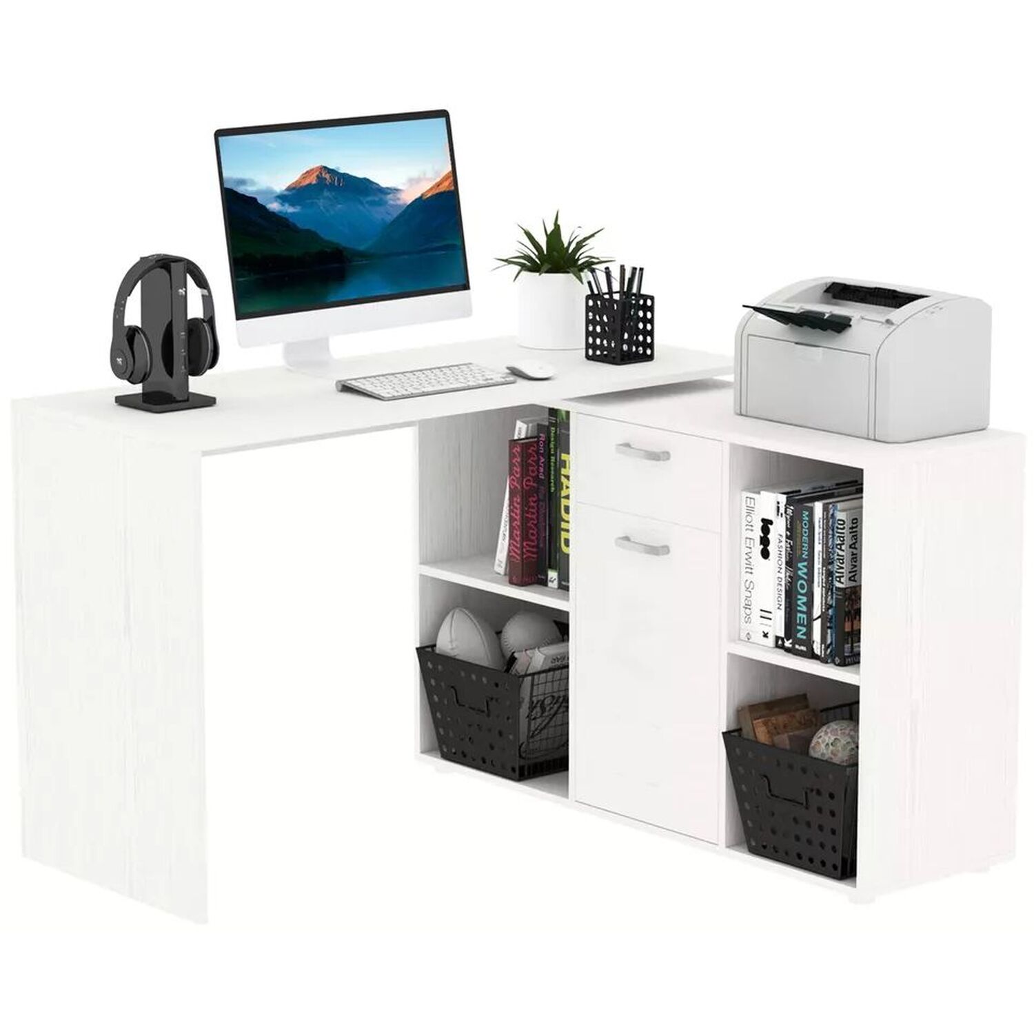 Wooden Storage Home Office Desk - White