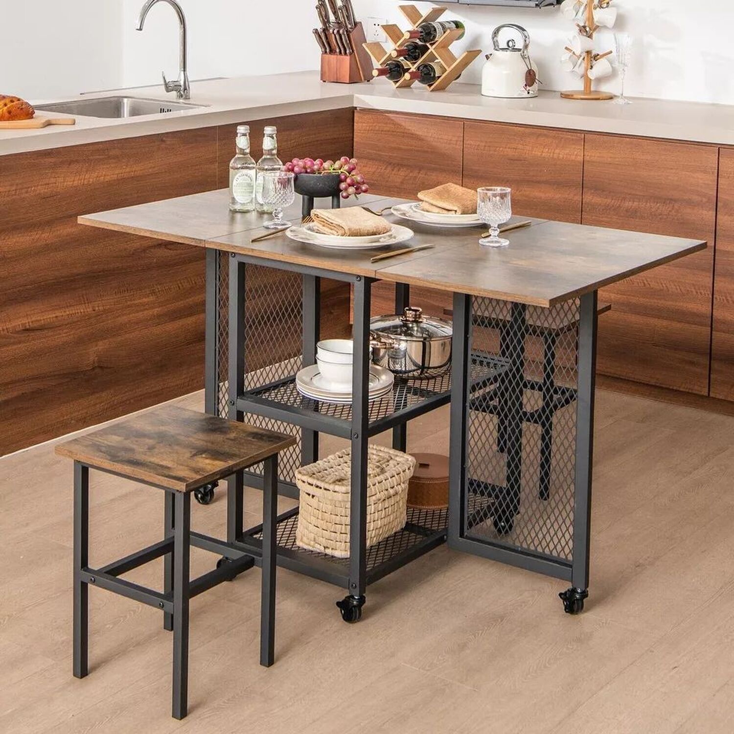 3 Piece Foldable Dining Table Set - Natural And Black