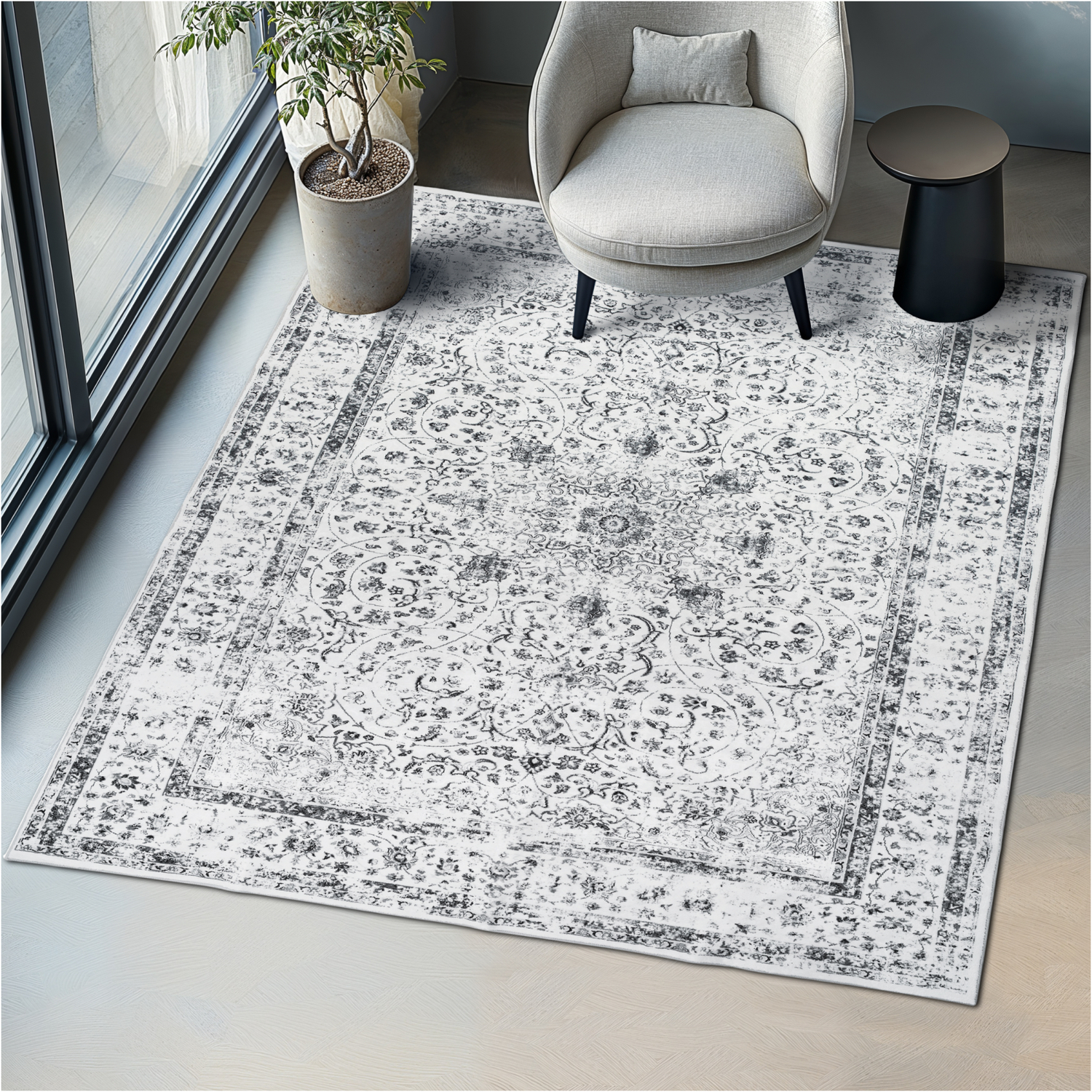 Washable Rug Aliya - oriental pattern, non-slip - Grey / 274cm