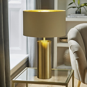 Lexy Antique Brass Touch Table Lamp with Drum Shade and LED Bulb