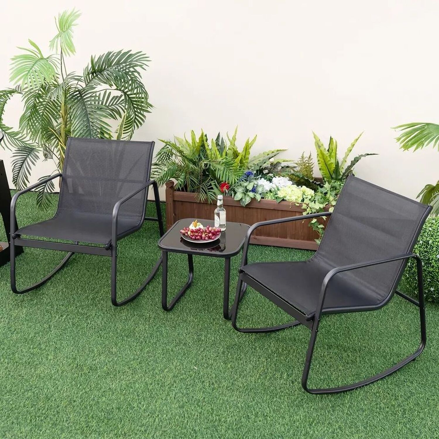 Patio Rocking Bistro Set with Glass Top Table - Black