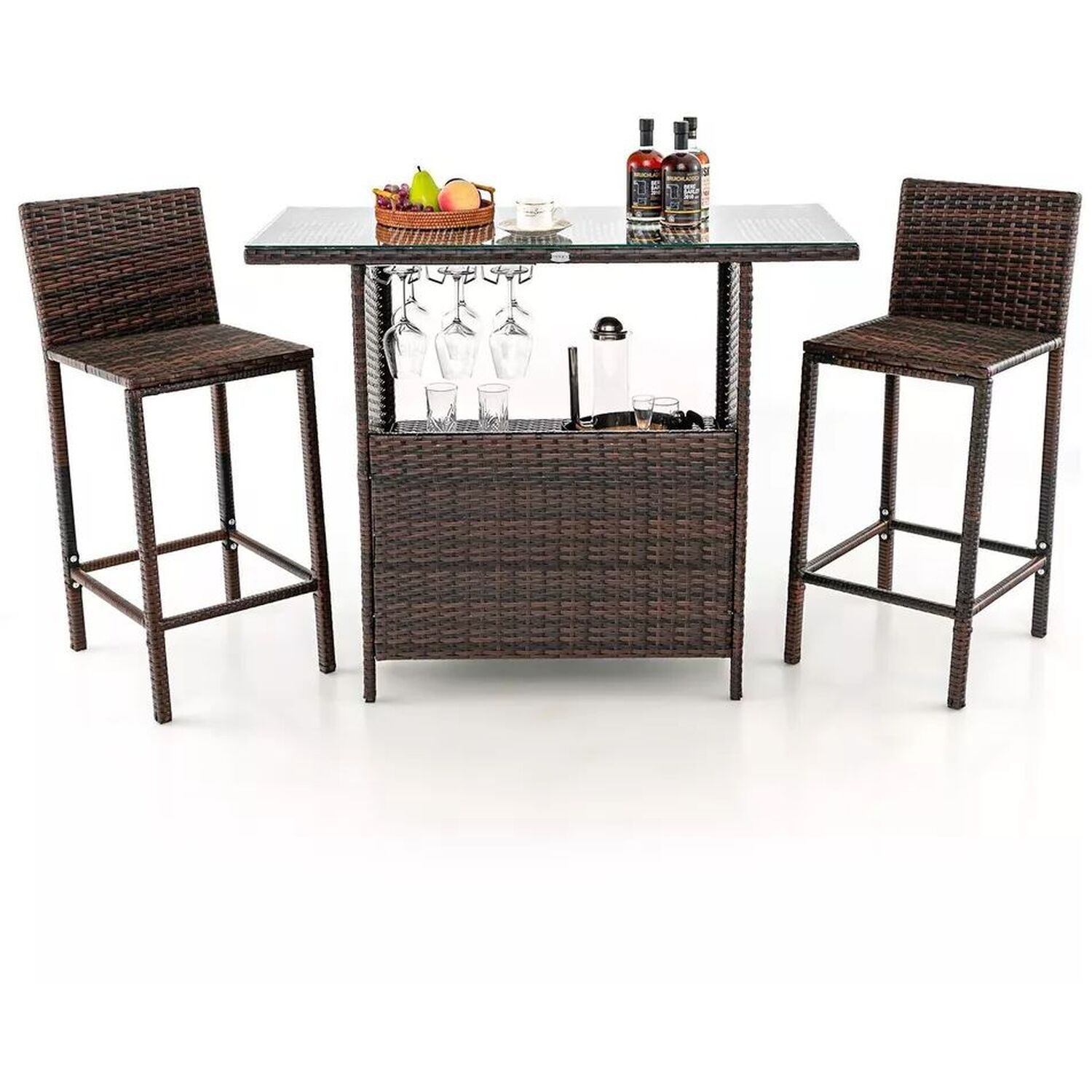 Wicker Bistro Set With Table And Chairs And Cushions - White