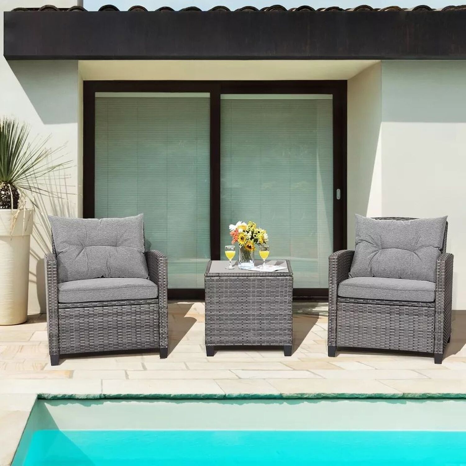Modern 3 Piece Patio Rattan Bistro Set - Grey