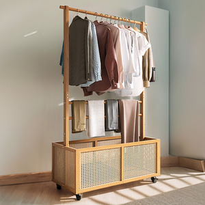 Freestanding Bamboo Clothes Rail with Wheels and Storage Basket