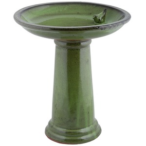 Glazed Ceramic Green Bird Bath On Pedestal