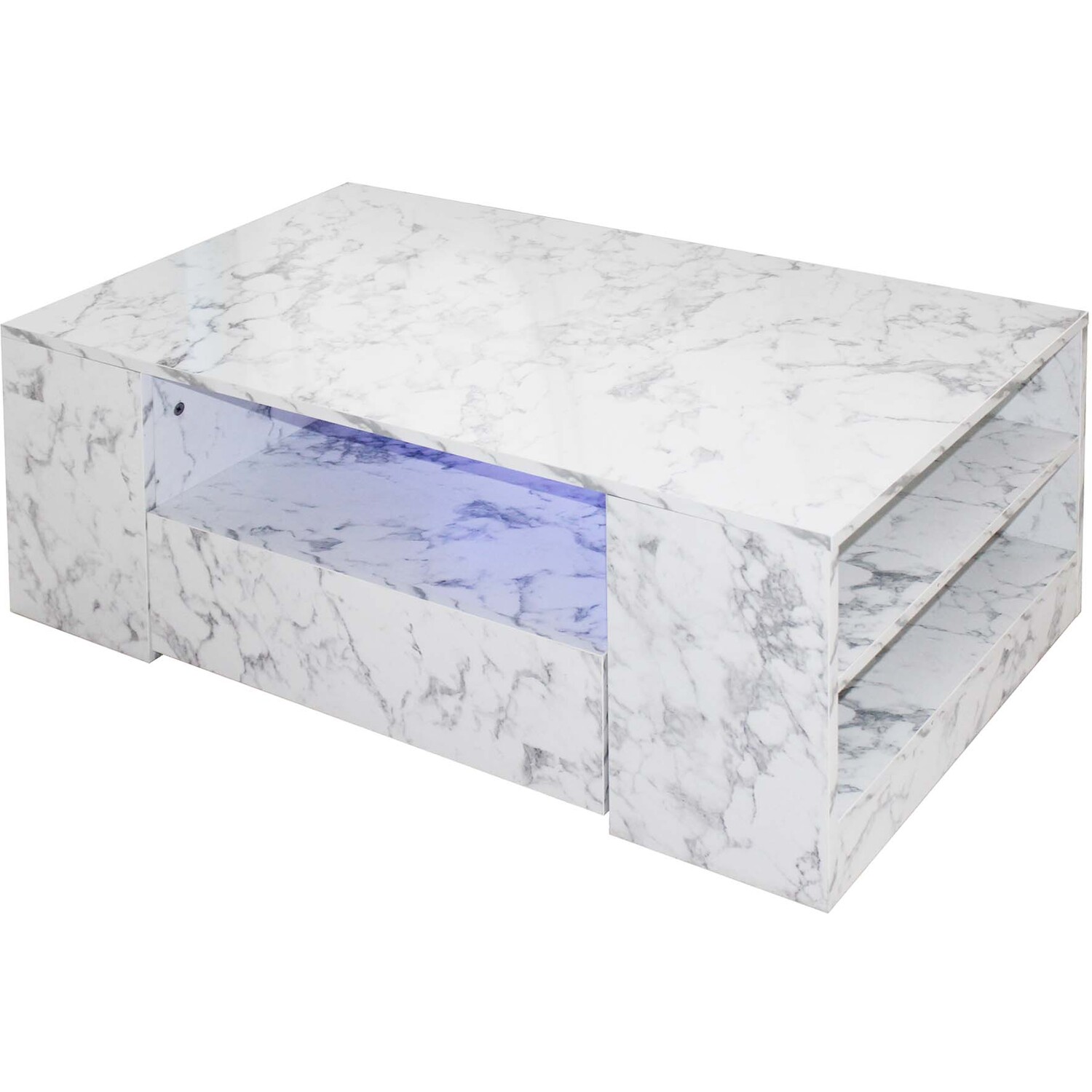 Modern 2 Drawer Led Coffee Table - White Marble