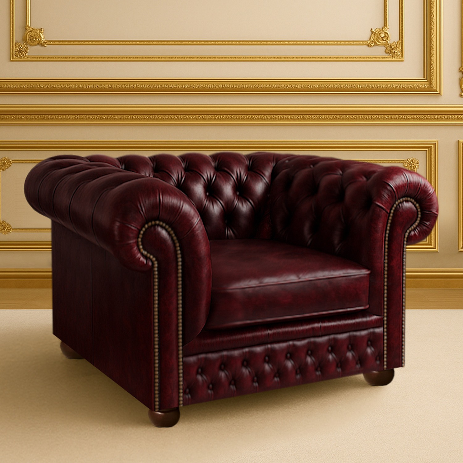 Oxford 1 Seater Vintage Leather Chesterfield Sofa Manufactured In Uk - Red