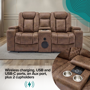 Brown Ashton 2 Seater Fabric Auto Recliner Sofa With Console shot 11556494