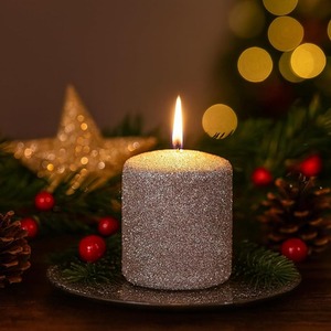 Unscented Small Pillar Candle Silver Glitter