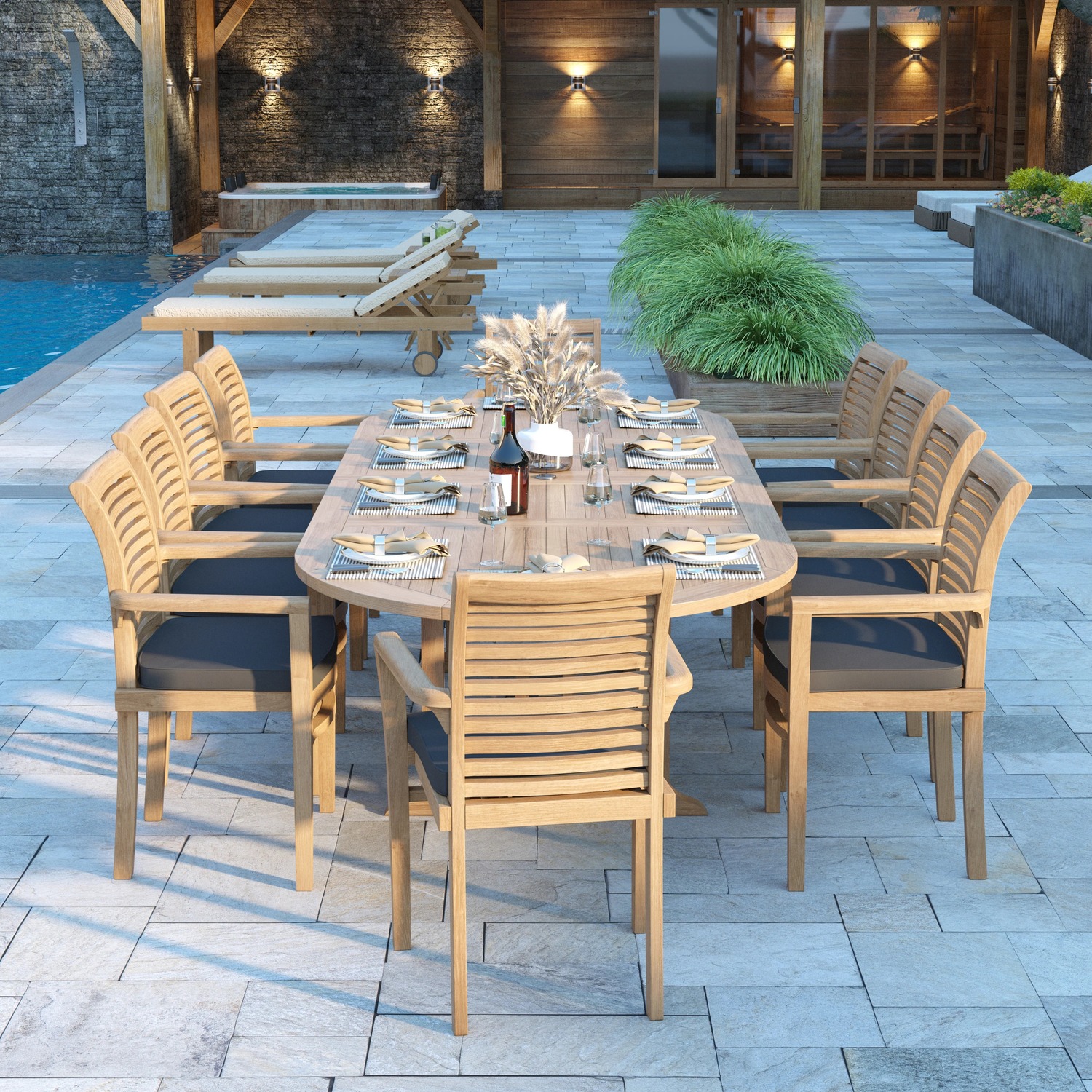 Algarve Teak Garden Dining Table And 10 Seat Chair Set - Teak Black