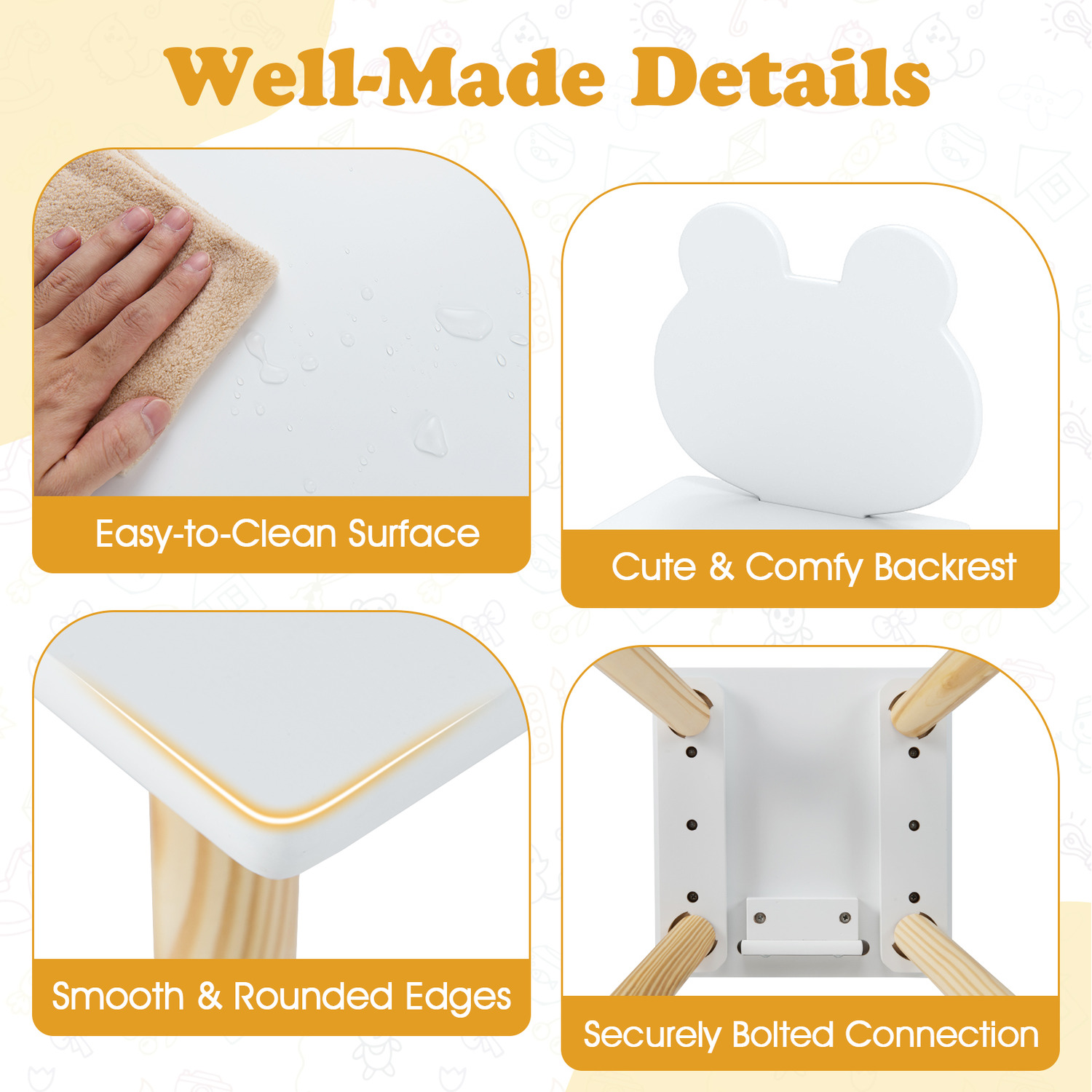 3 Pcs Kids Wooden Table And Chair Set - White