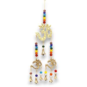 Indian Chimes Brass Om with Chakra Beads 7 Bells Gold