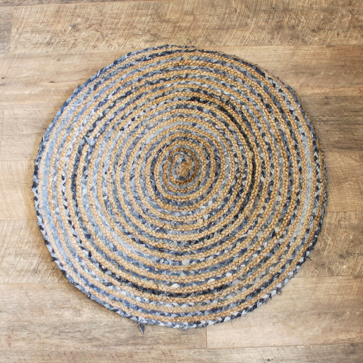 Handmade Round Jute Recycled Denim Rug Eco Friendly India - Multi