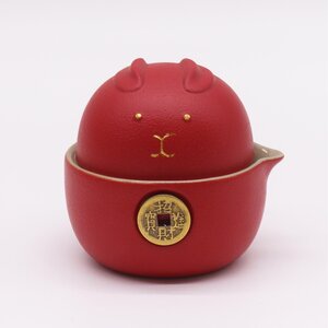 Money Cat Teapot Set with 2 Cups Travel Pack Prosperity Design