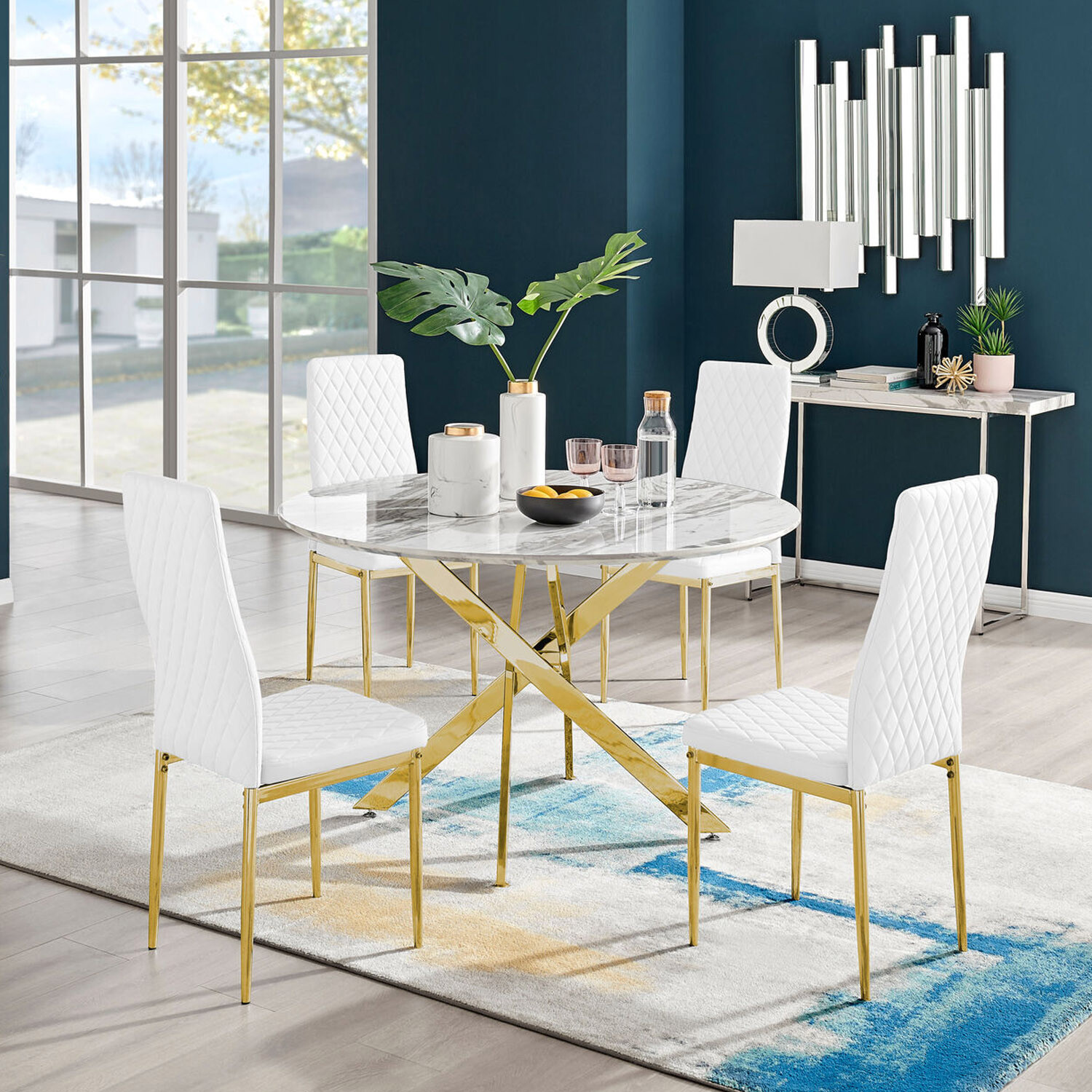 Novara White Marble Effect Gold Leg 120cm Dining Table  4 Milan Gold Leg Chairs - White