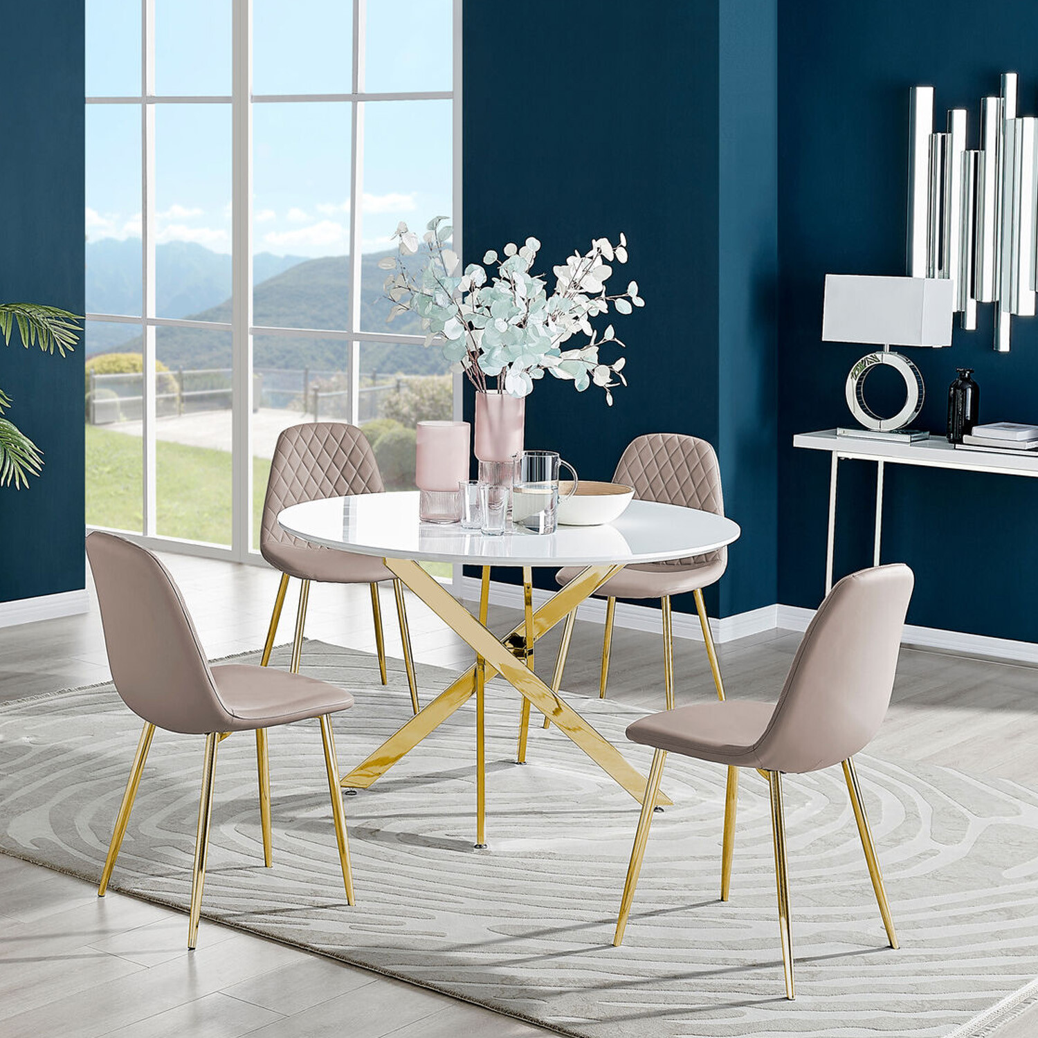 Novara White Gloss Gold Leg 120cm Dining Table with 4 Corona Gold Leg Chairs - Cappuccino