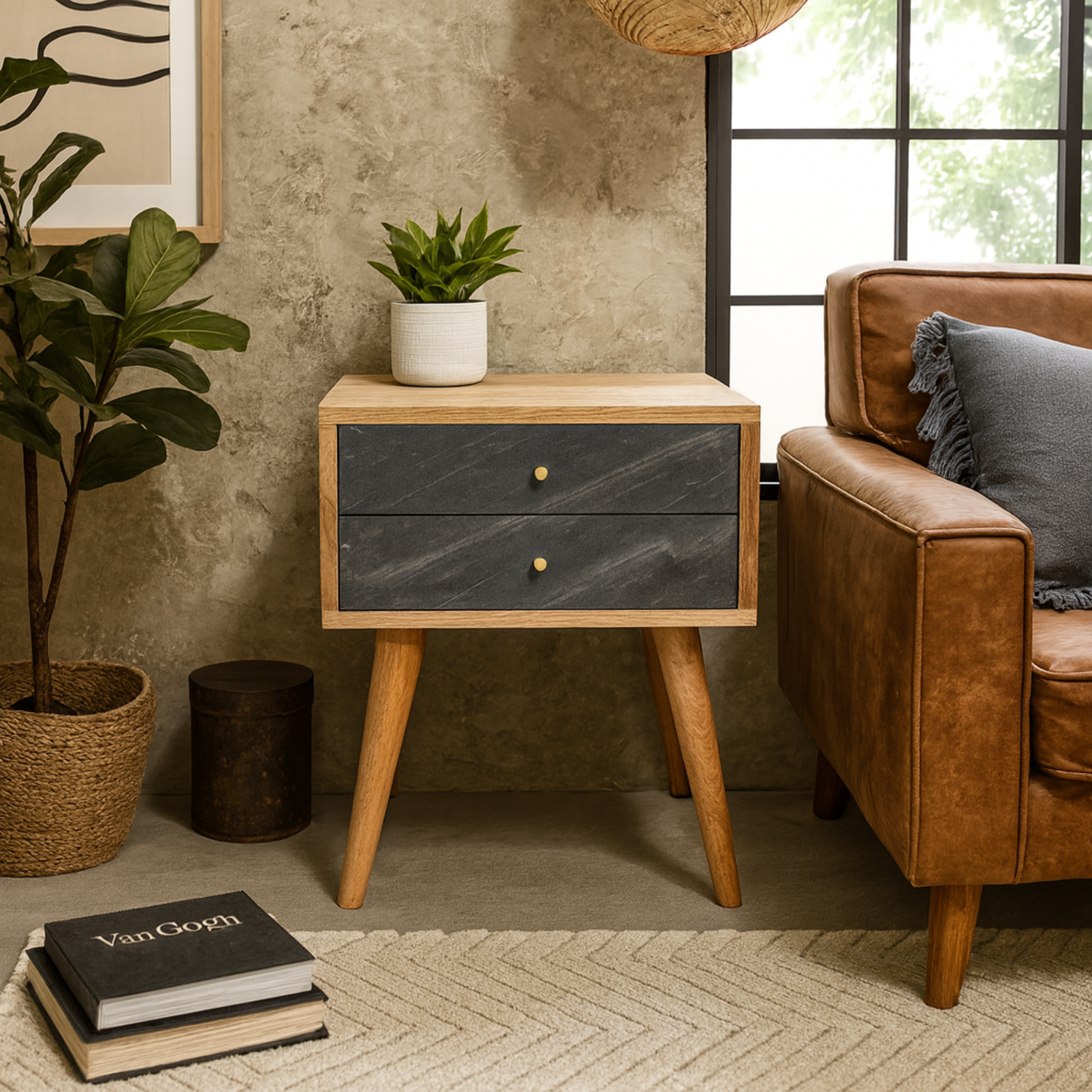 Kailua Mango Bedside Table with Slate Drawers and Brass Knobs - Brown