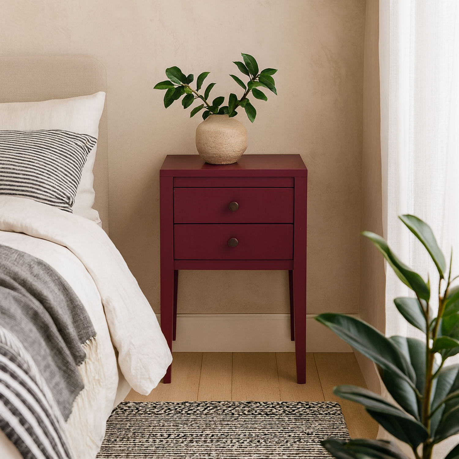 Paraty Plum Wood Grain 2 Drawer Bedside Table - Red