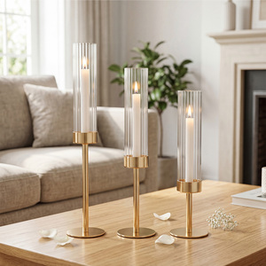 Candle Holder Gold Metal Glass Tube Candlestick Holders Set of 3 Decor
