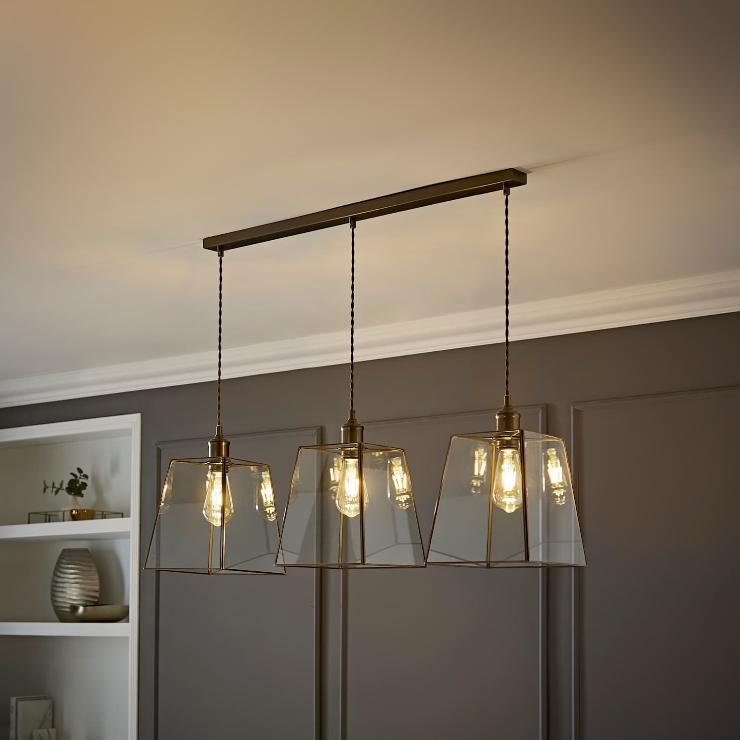 B&Q -  Susie Glass Lantern 3 Drop Brushed Brass Diner Ceiling Pendant Light With Filament Bulbs - Image 6