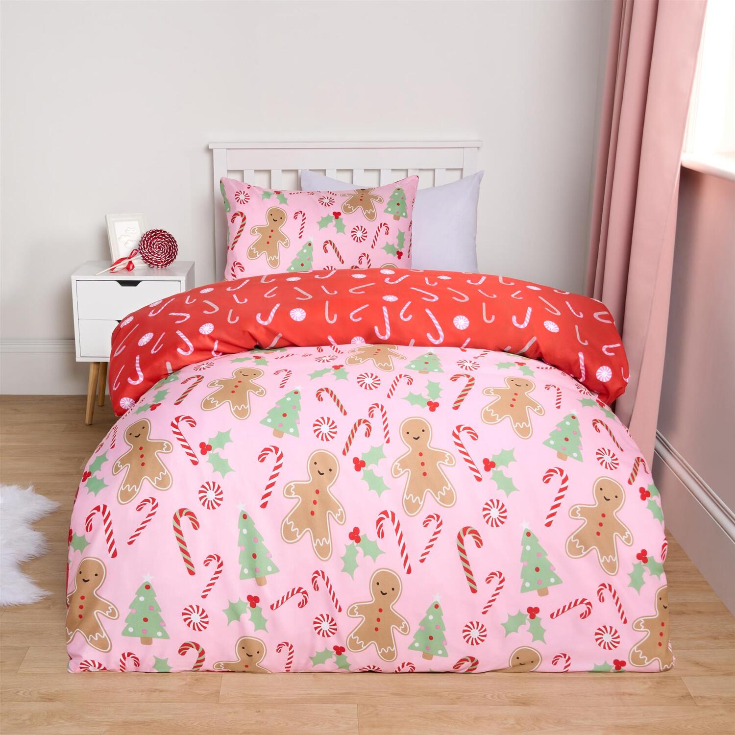 Ohs Gingerbread Man Candy Cane Reversible Duvet Set - Pink / 0.8Kg
