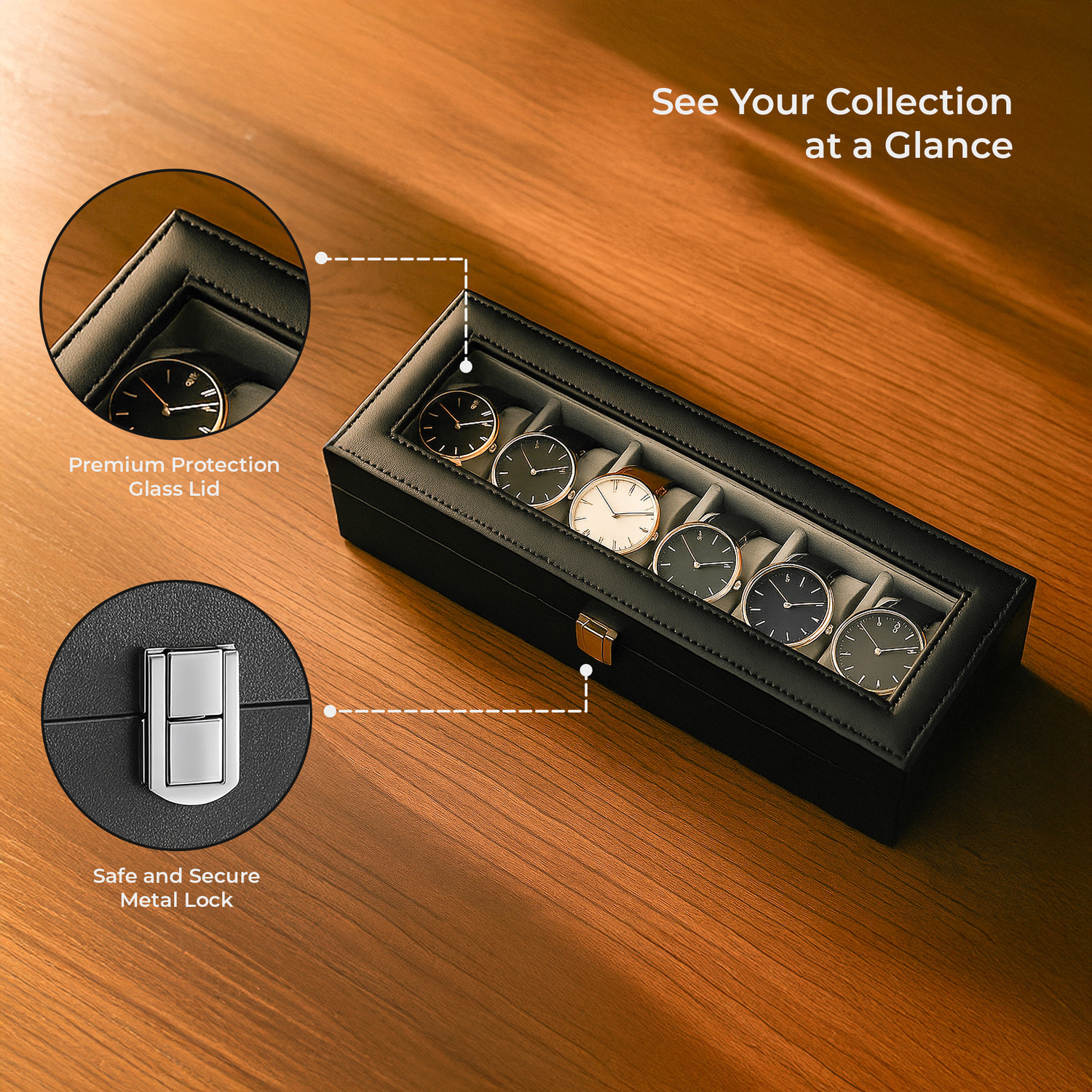Case In Watch Leather Watch Display Case for 6 Watches, Velvet Lining and Glass Lid