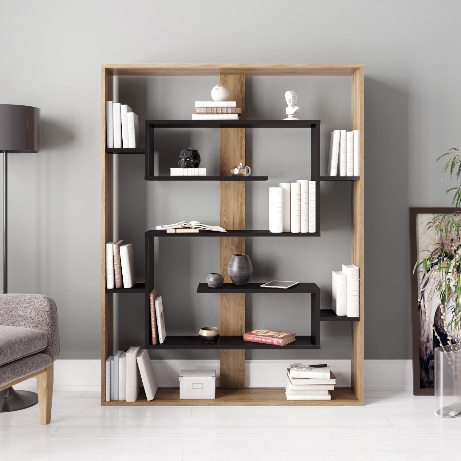 Decorotika Esteban 6-Tier Bookshelf - Walnut & Black