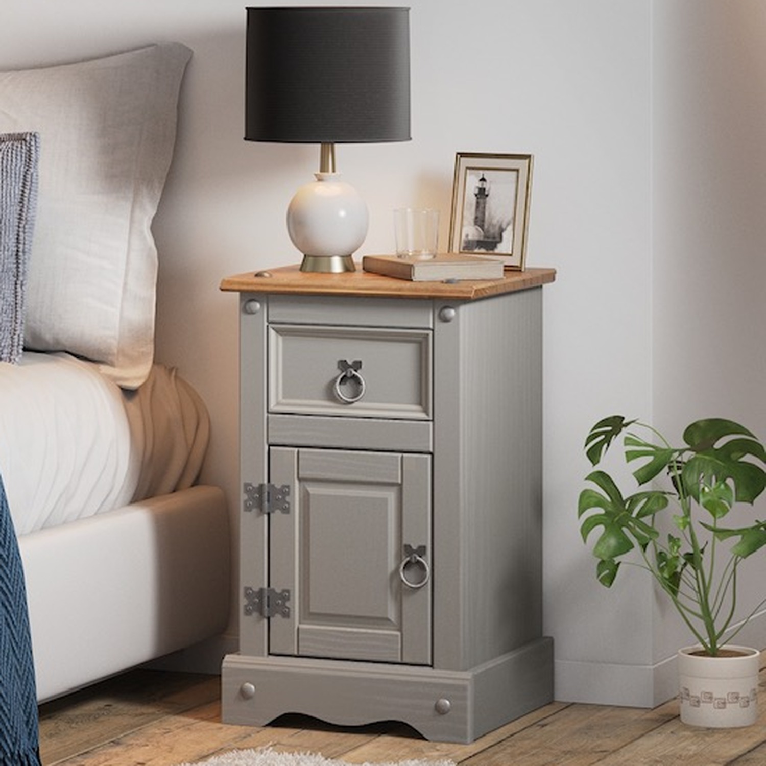 Corona Bedside Cabinet 1 Door 1 Drawer Narrow Pot Cupboard Wooden Pine Wood - Grey